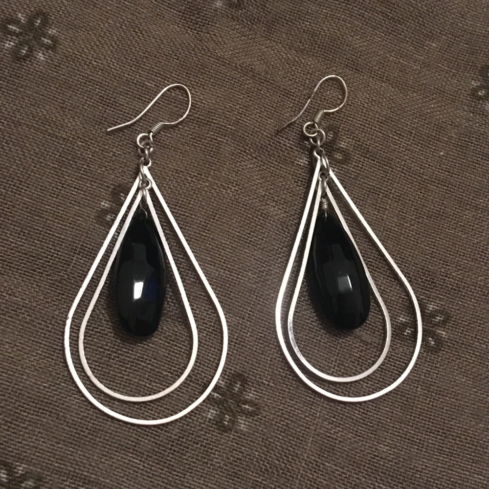 Vintage Silver and Black Dangle Hook Earrings